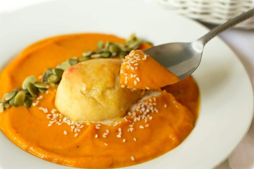 Spoonful of Spiced Carrot Apple Pumpkin Soup recipe photograph