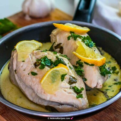 Healthy and delicious Lemon Butter Chicken ready and served in a skillet