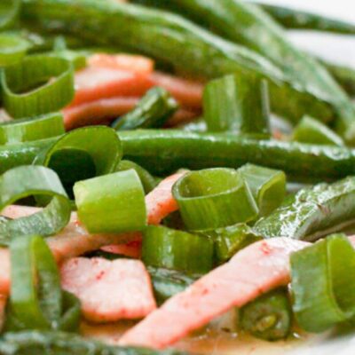 Closeup on the healthy and easy-to-make French green beans with bacon