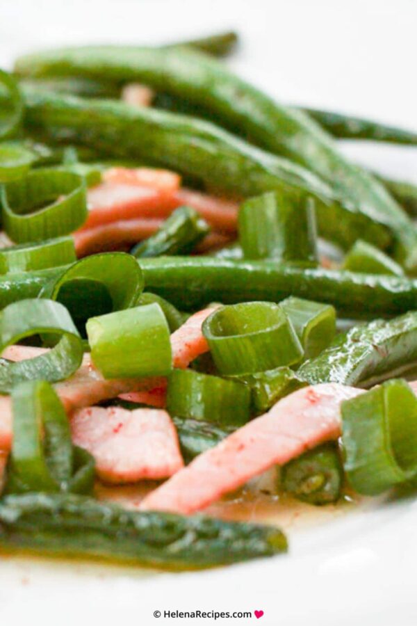 Closeup on the healthy and easy-to-make French green beans with bacon
