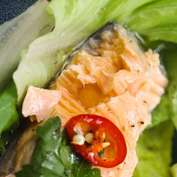 Poached Salmon on a plate with salad.