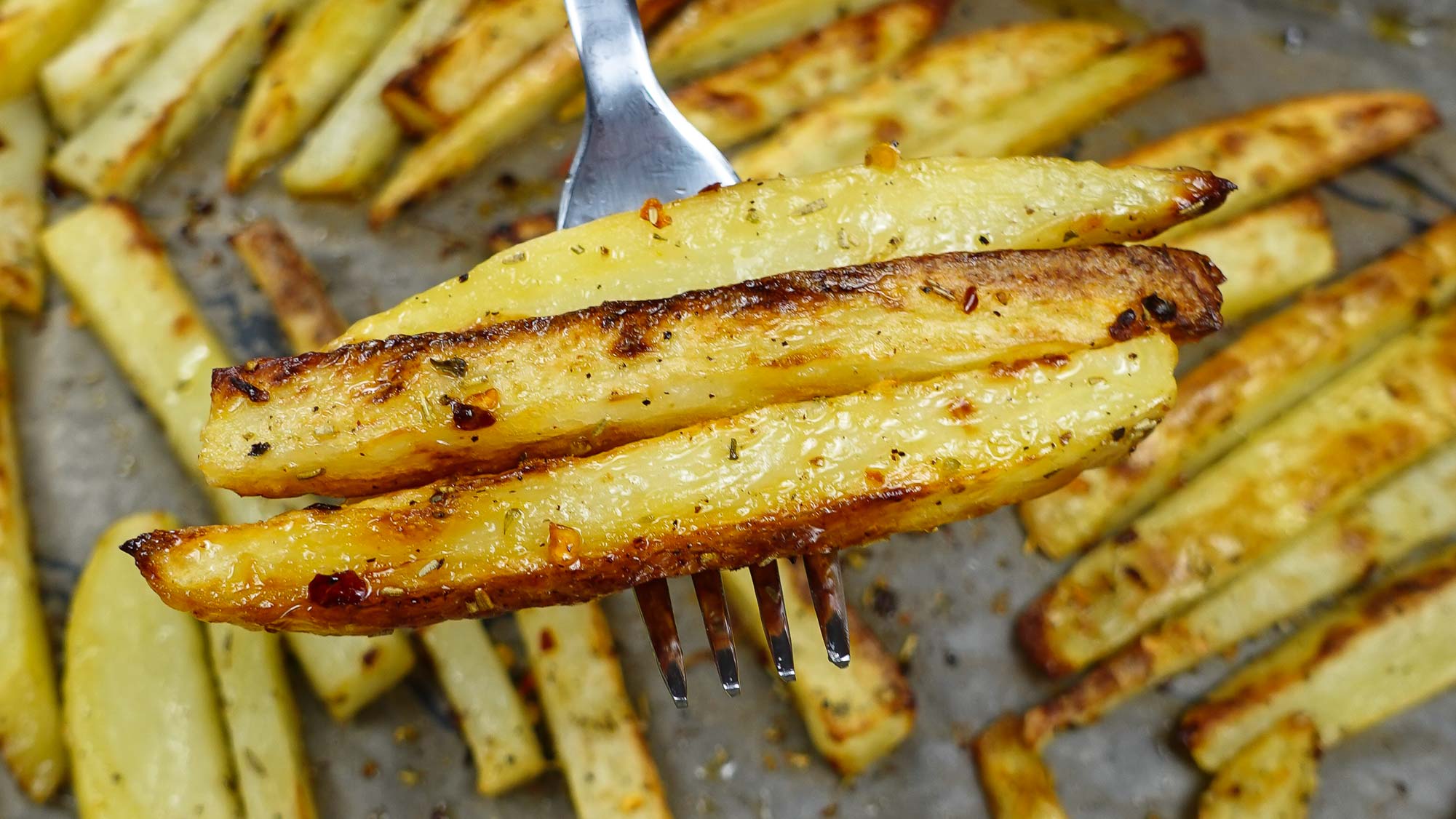 Mediterranean Oven Baked Fries on a tray.